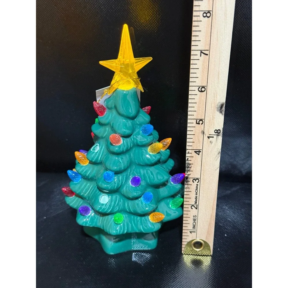 Vintage Style Ceramic Mini Christmas Tree Green Tabletop Light Up Decor 7.5in